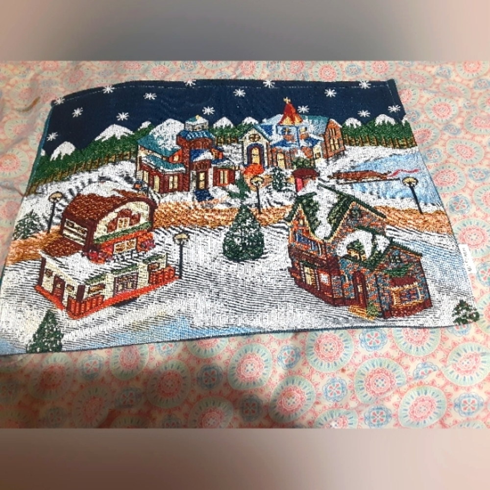 Festive Holiday Tapestry with Village Table Place Mat  Scene 17X13